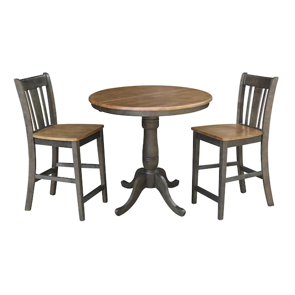 International Concepts Round 36 in Rd Extend Dining Table, 2 San Remo Counter Ht Stools, Hickory/Coal, 36 W, 48 L, 35.3 in H K45-36RXT-6B-S102-2 - main
